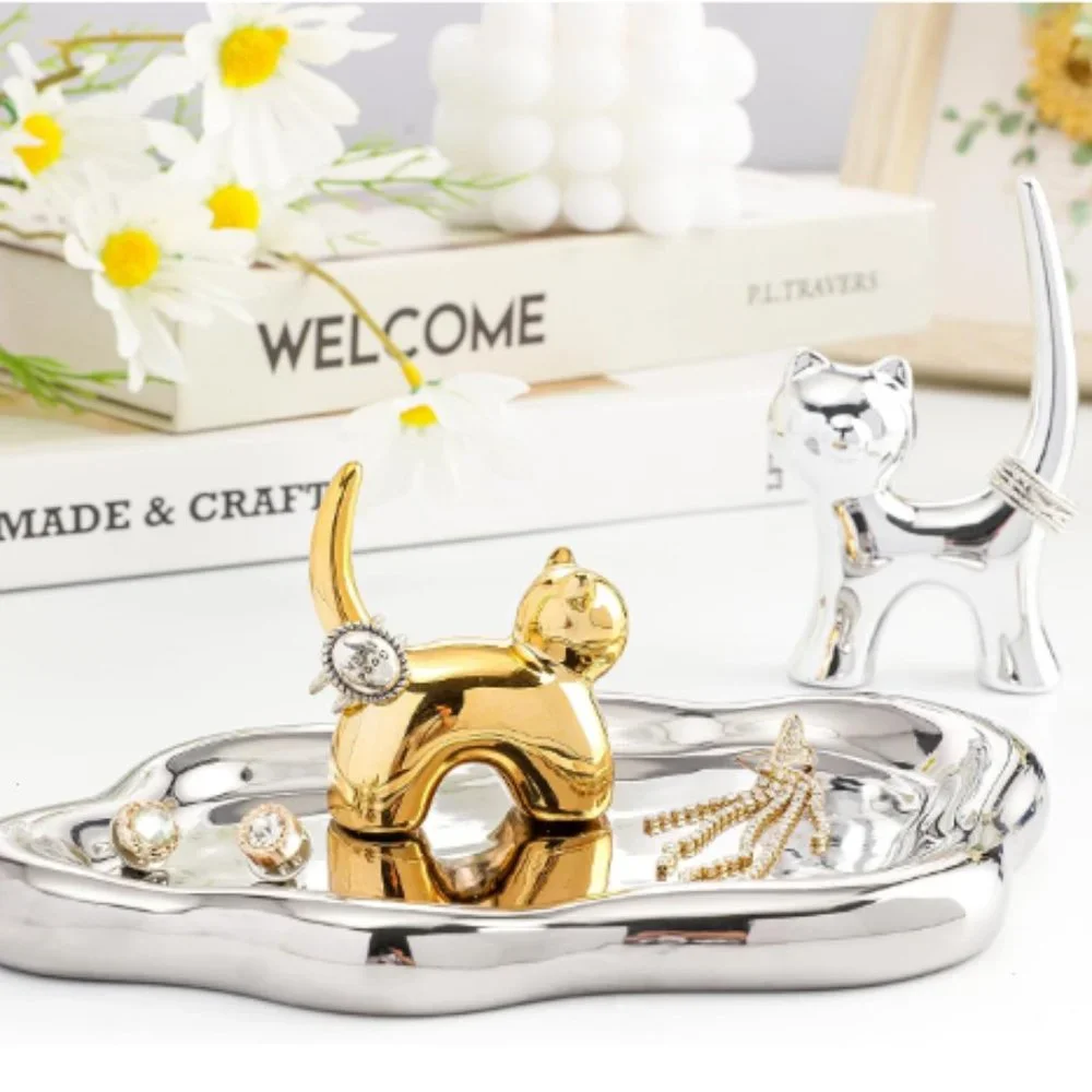 Ceramic Jewelry Cloud-Shaped Tray & 2 Removable Cat Ring Holder Set